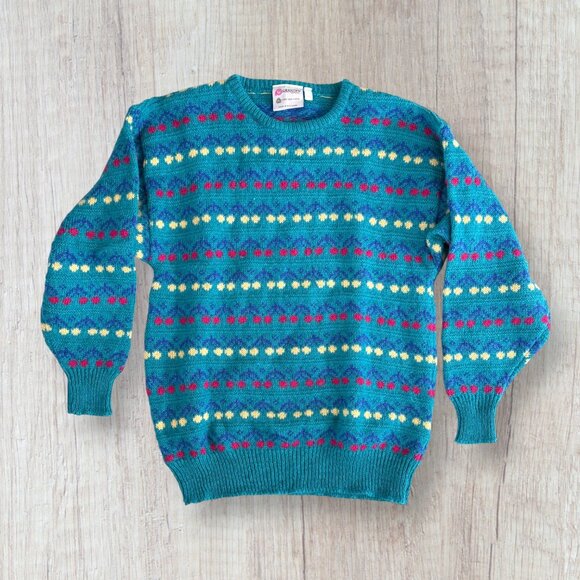 Vintage Pitlochry Scotland Pure Wool Fair Isle Teal Pink Sweater Womens Large